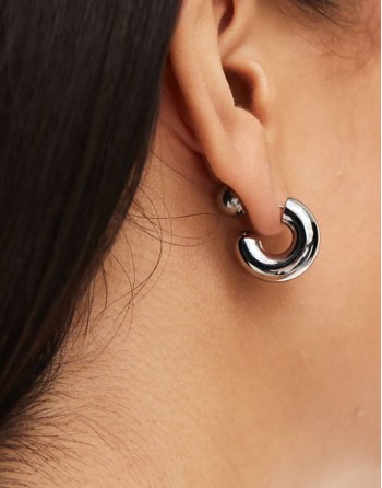 stainless steel chunky hoop earrings with ball back in silver
