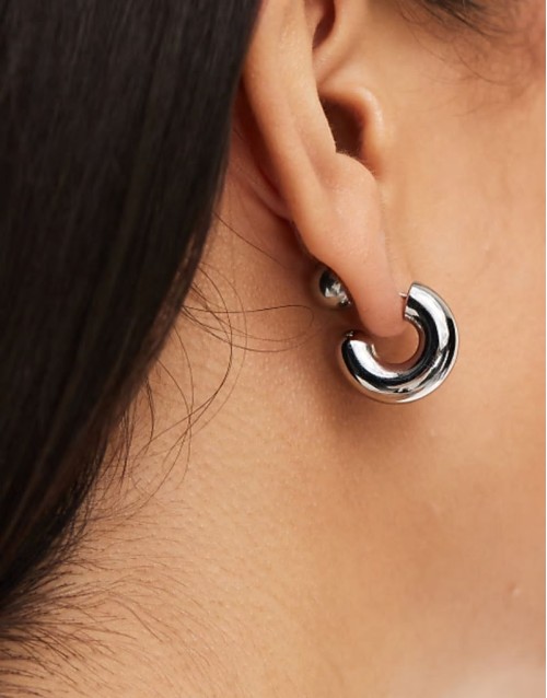 stainless steel chunky hoop earrings with ball back in silver