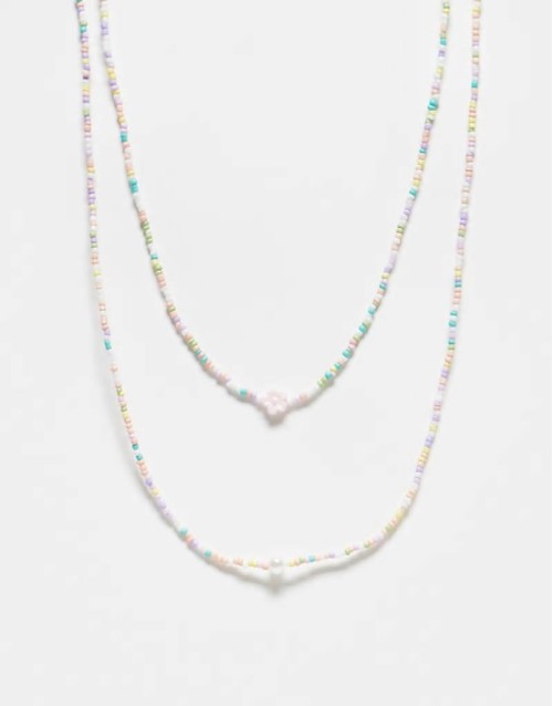 2 pack small beaded necklaces with pearl detail in multi