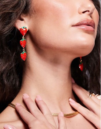 strawberry charm drop earrings in red and gold