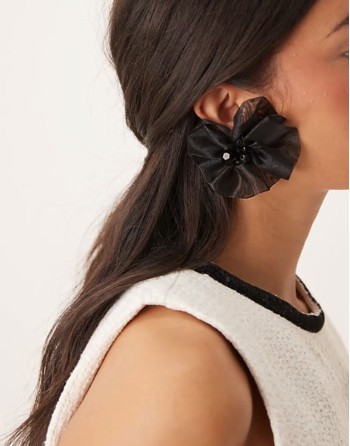 stud with organza floral detail in black